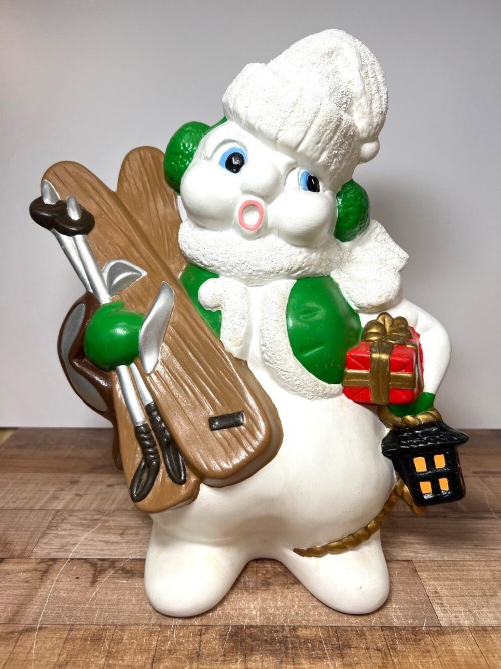 Vintage Frosty Snowman With Skis & Gift Figurine Hand-Painted Holiday 13'' Tall